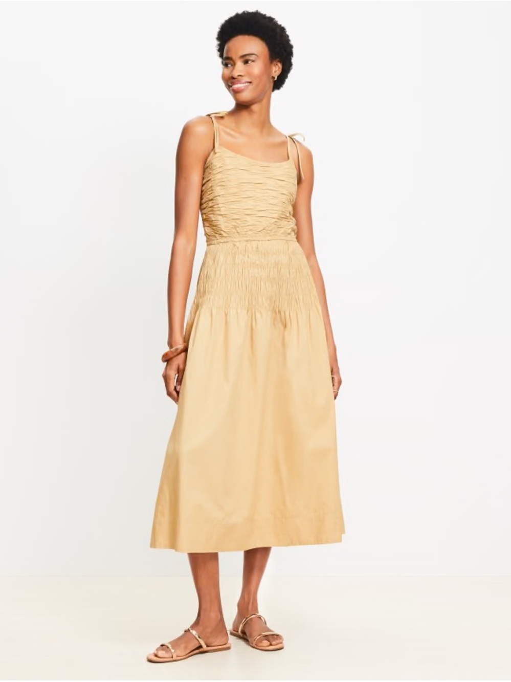 LOFT Beige Ruched Tie-Shoulder Midi Dress